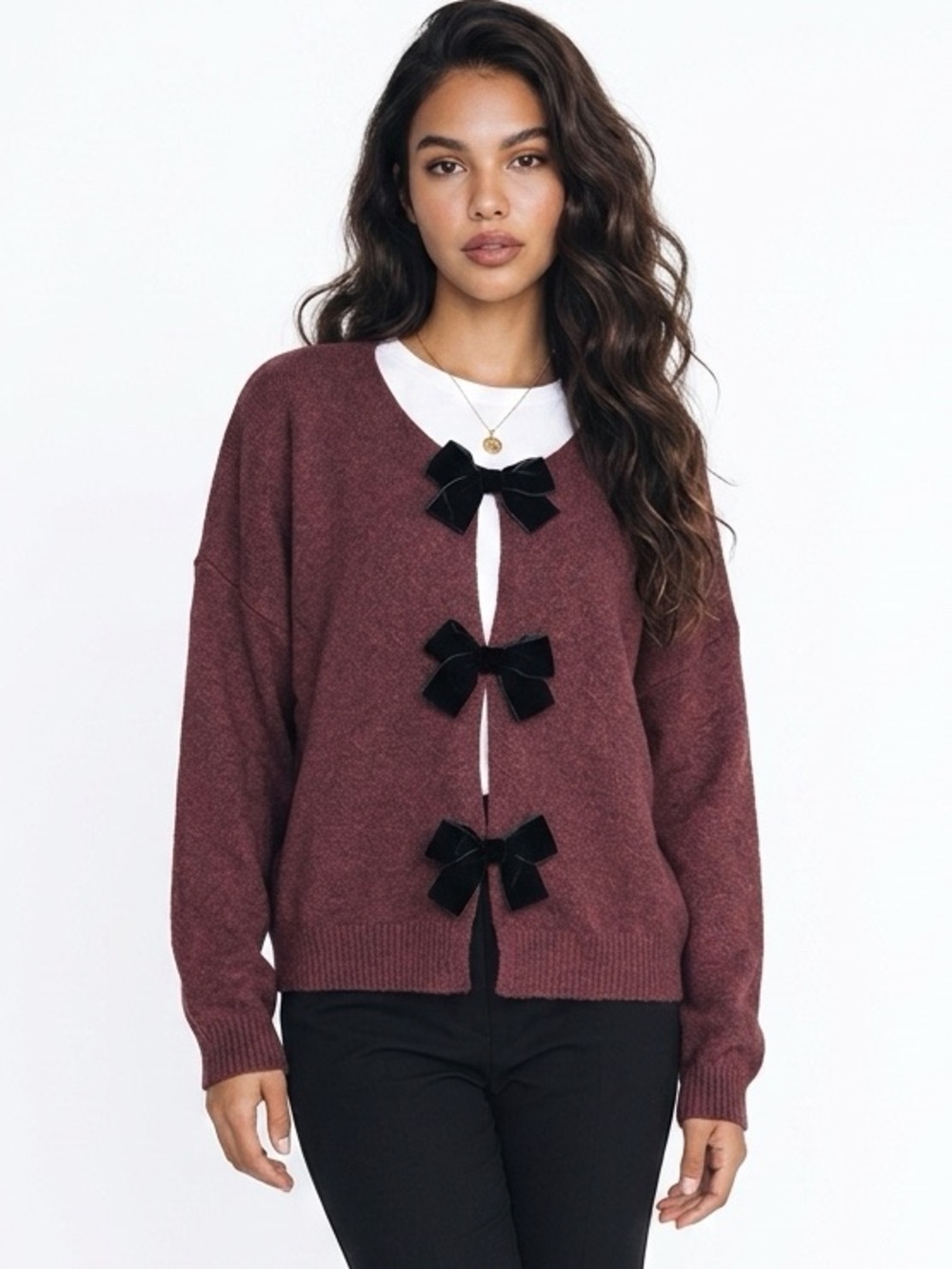 CeCe Maroon Bow-Front Knit Cardigan (r12)